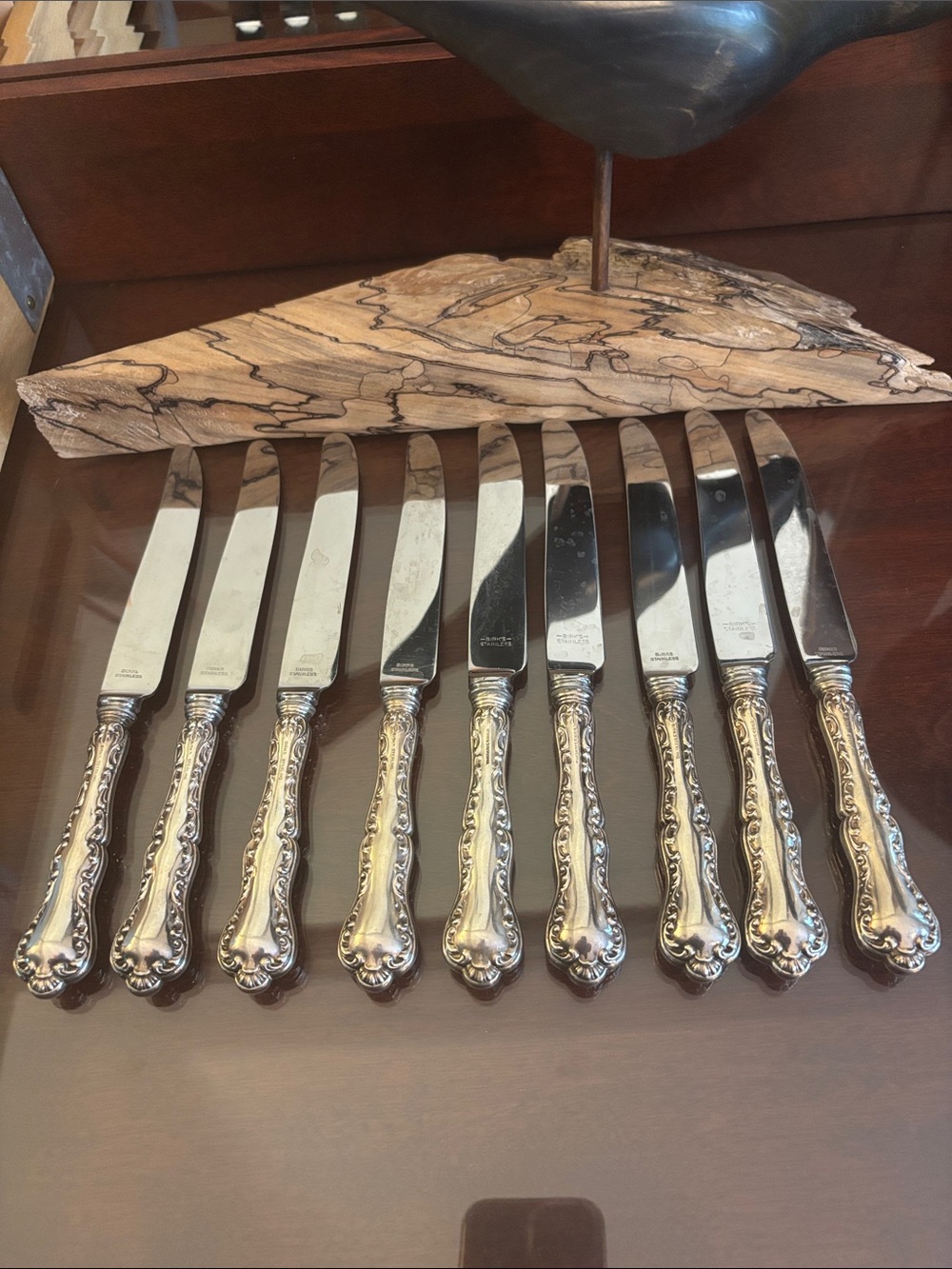 Ornate Sterling Silver handled Dinner Knives by Birk’s- 9 Pieces